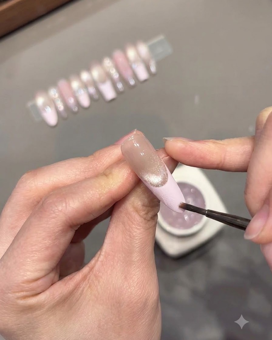Un pinceau de détail fin appliquant une ligne surélevée de gel de modelage épais le long de la ligne de sourire incurvée dun French tip.