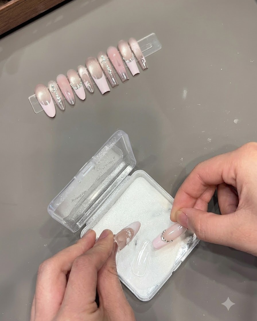 Une main saupoudrant de la poudre pailletée blanche sur une couche de gel humide sur un faux ongle au-dessus dune boîte de rangement remplie de poudre.