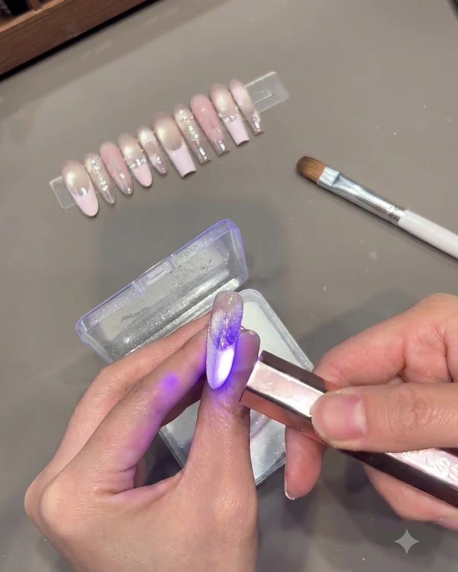 Un pinceau de maquillage blanc et duveteux balayant lexcès de poudre pailletée dun ongle catalysé sous une lampe UV.