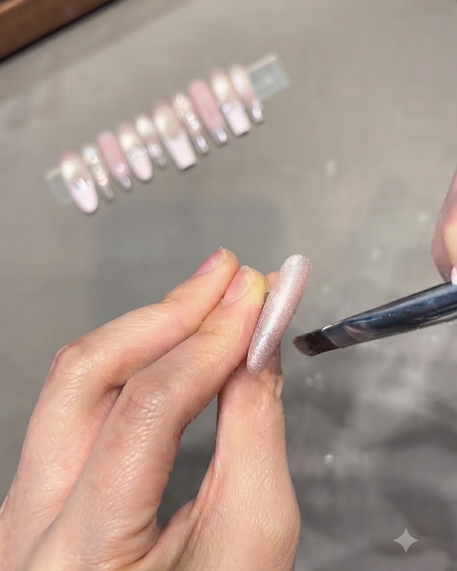 Une éponge de maquillage appliquant par tapotement du gel correcteur rose sur le bord dun ongle dentraînement transparent.