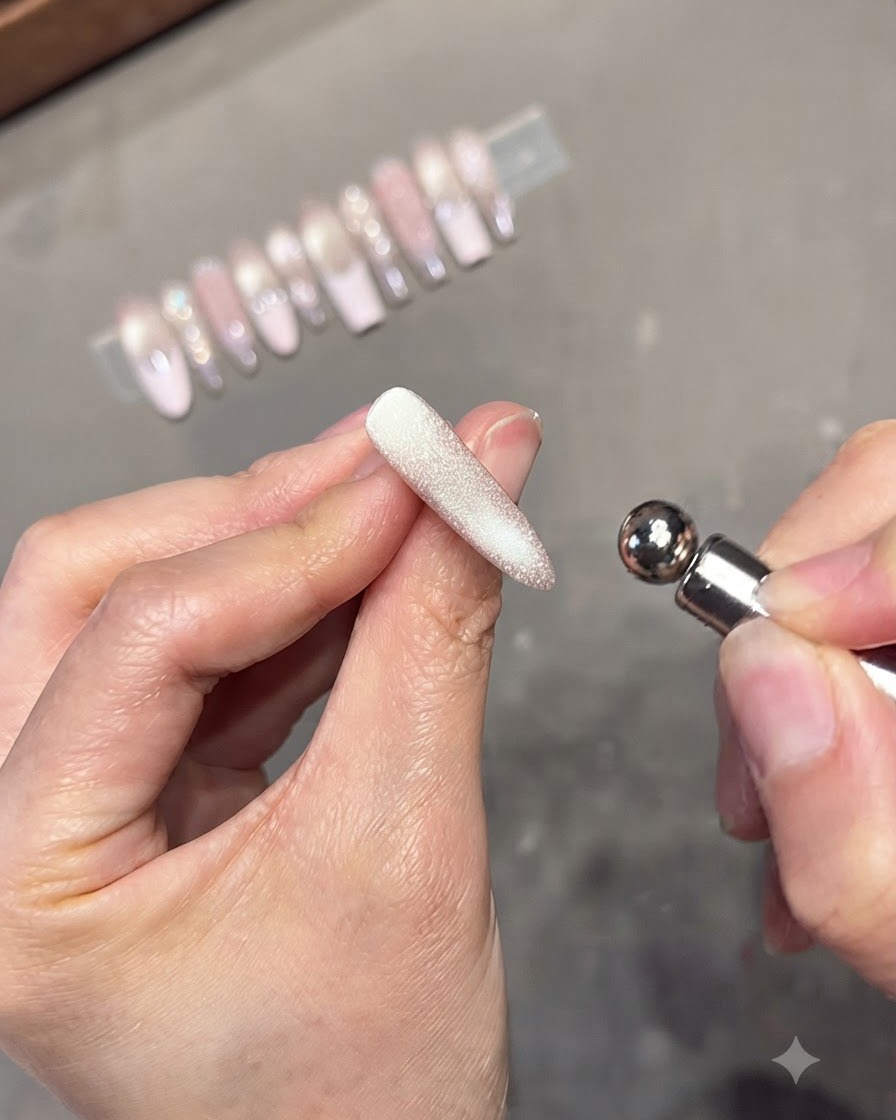 Un aimant cylindrique tenu près des côtés dun ongle en gel cat-eye chatoyant pour concentrer le reflet de la lumière.