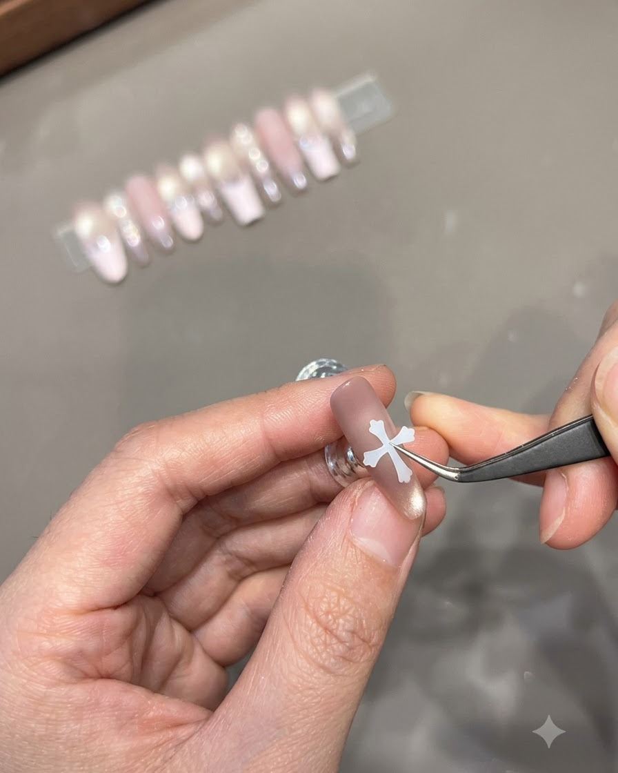 Une pince à épiler à pointe fine positionnant un autocollant de croix blanche ou argentée au centre dun ongle manucuré.