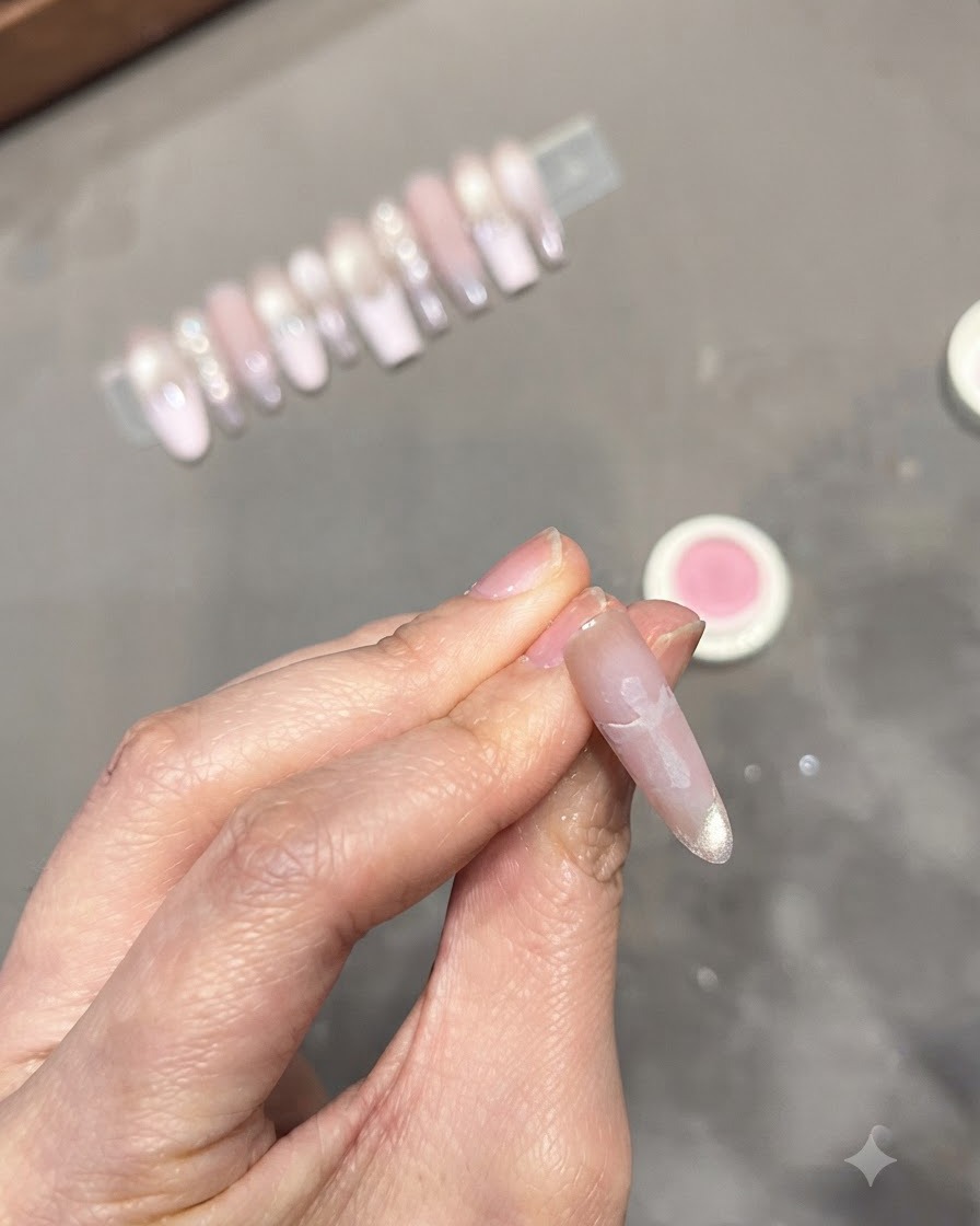 Une éponge de maquillage appliquant par tapotement du vernis gel rose pâle translucide par-dessus un autocollant de croix sur un ongle.