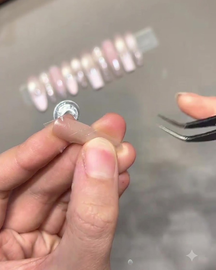 Une paire de pinces plaquant un autocollant en forme détoile sur un présentoir dongles transparent.