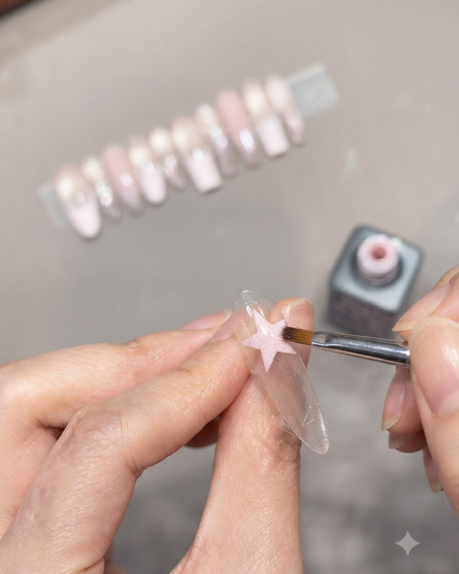Un pinceau appliquant du gel rose pâle directement par-dessus un autocollant de pochoir étoile sur un ongle transparent.