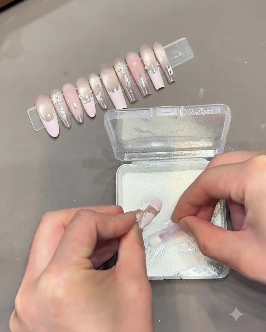 Des mains saupoudrant de la poudre pailletée blanche sur un ongle enduit de gel humide à lintérieur dun récipient.