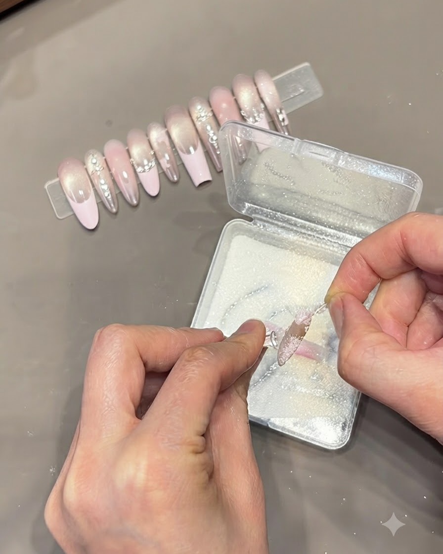 Une pince à épiler retirant un autocollant étoile dun ongle couvert de paillettes pour révéler une étoile en espace négatif.