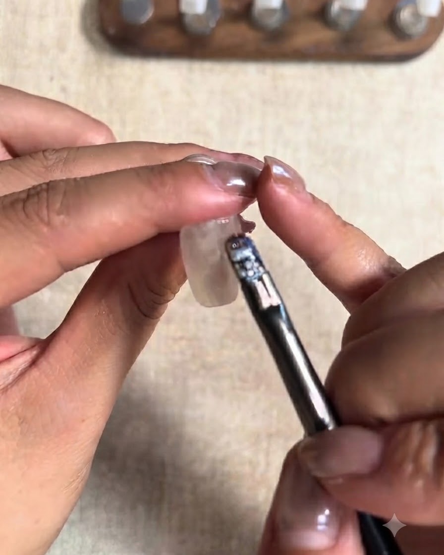 Une main utilisant un petit aimant cylindrique pour façonner les particules magnétiques cat-eye sur longle dun pouce.