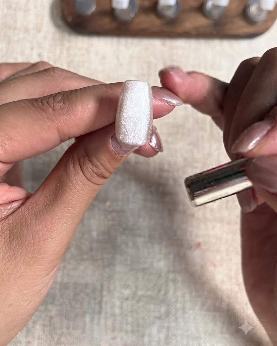 Une vue rapprochée de longle dun pouce montrant un effet cat-eye perle de verre achevé avec un aimant à proximité.
