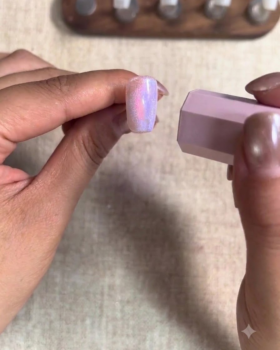 Une main utilisant un aimant cylindrique pour façonner le vernis gel cat-eye sur longle dun majeur.
