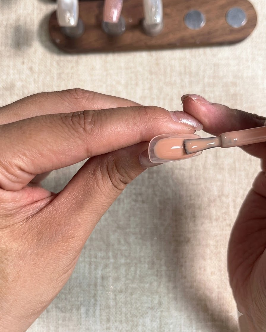 Gros plan dune main utilisant un pinceau à vernis gel pour appliquer uniformément une couleur nude pêche unie sur une capsule dongle transparente.