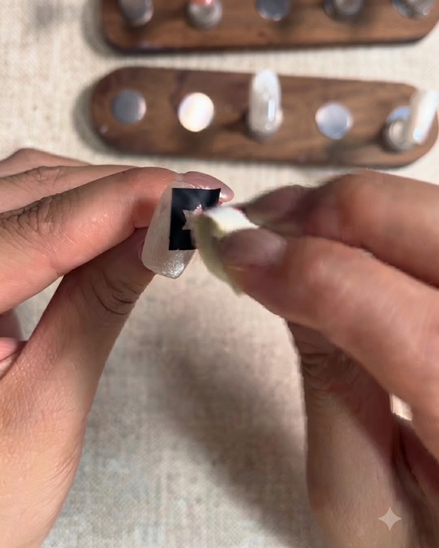 Gros plan dun doigt muni dun autocollant pochoir étoile sur longle, tamponné avec une éponge enduite de gel rouge.