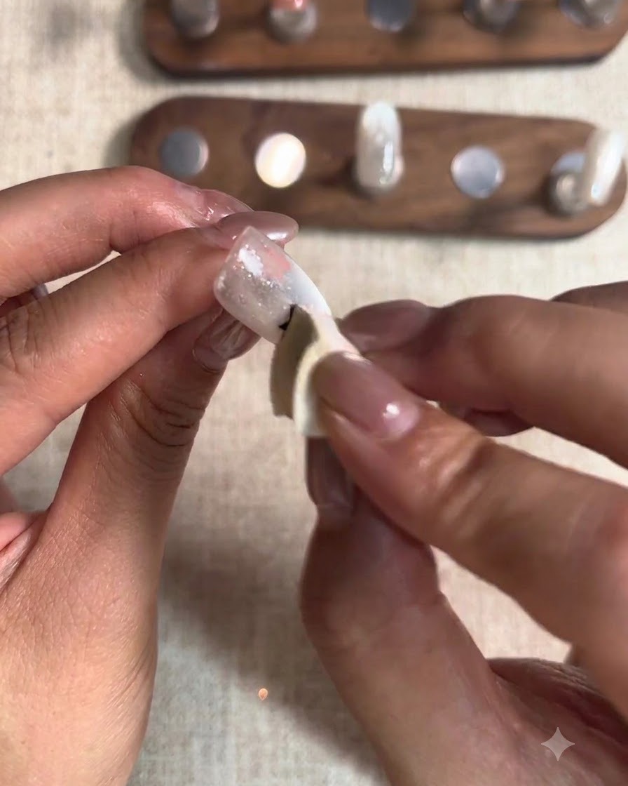 Un applicateur éponge appliquant du gel rouge sur un autocollant étoile évidée placé sur un ongle.