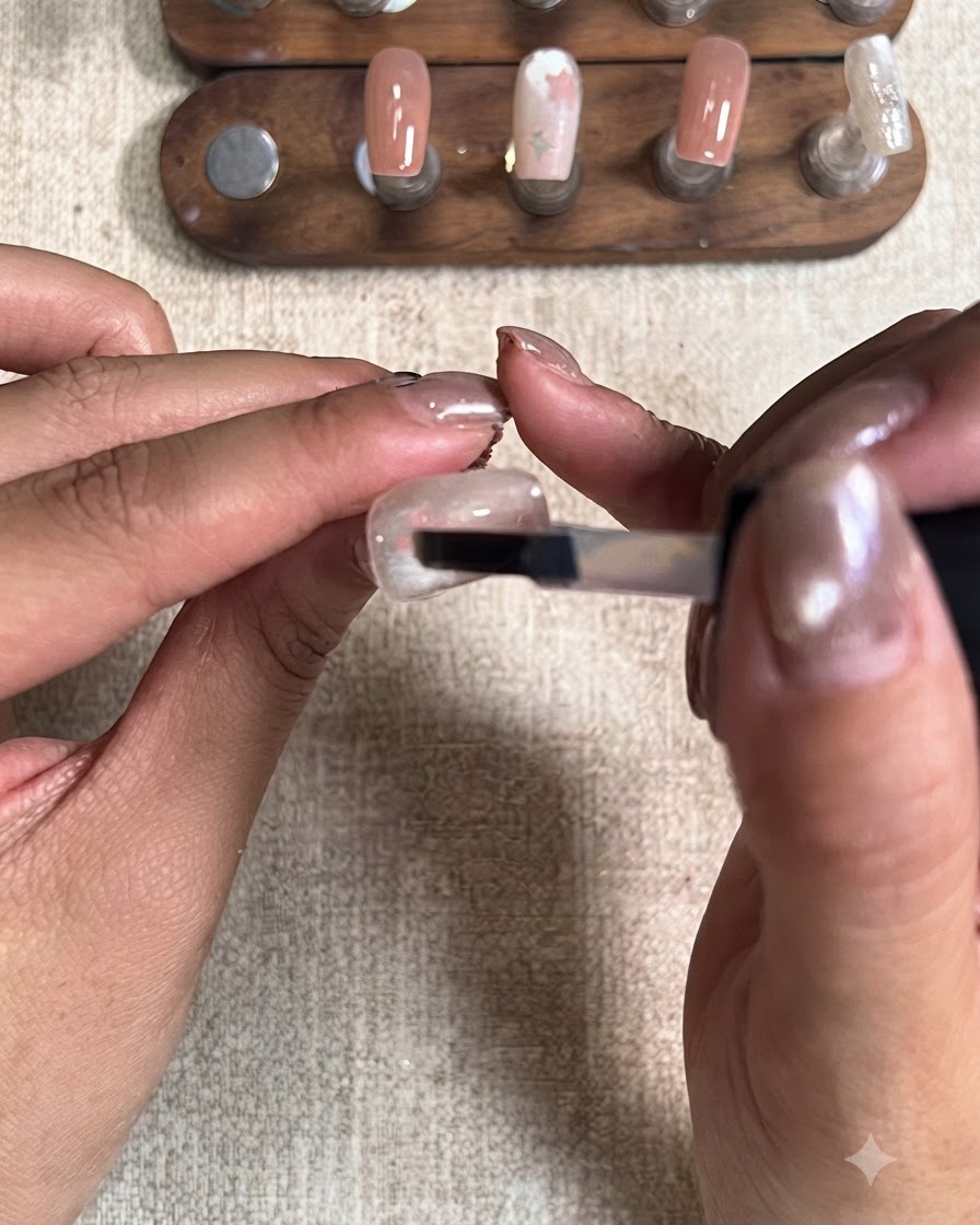 Un pinceau appliquant une couche de top coat mat sur un design de nail art étoile achevé.