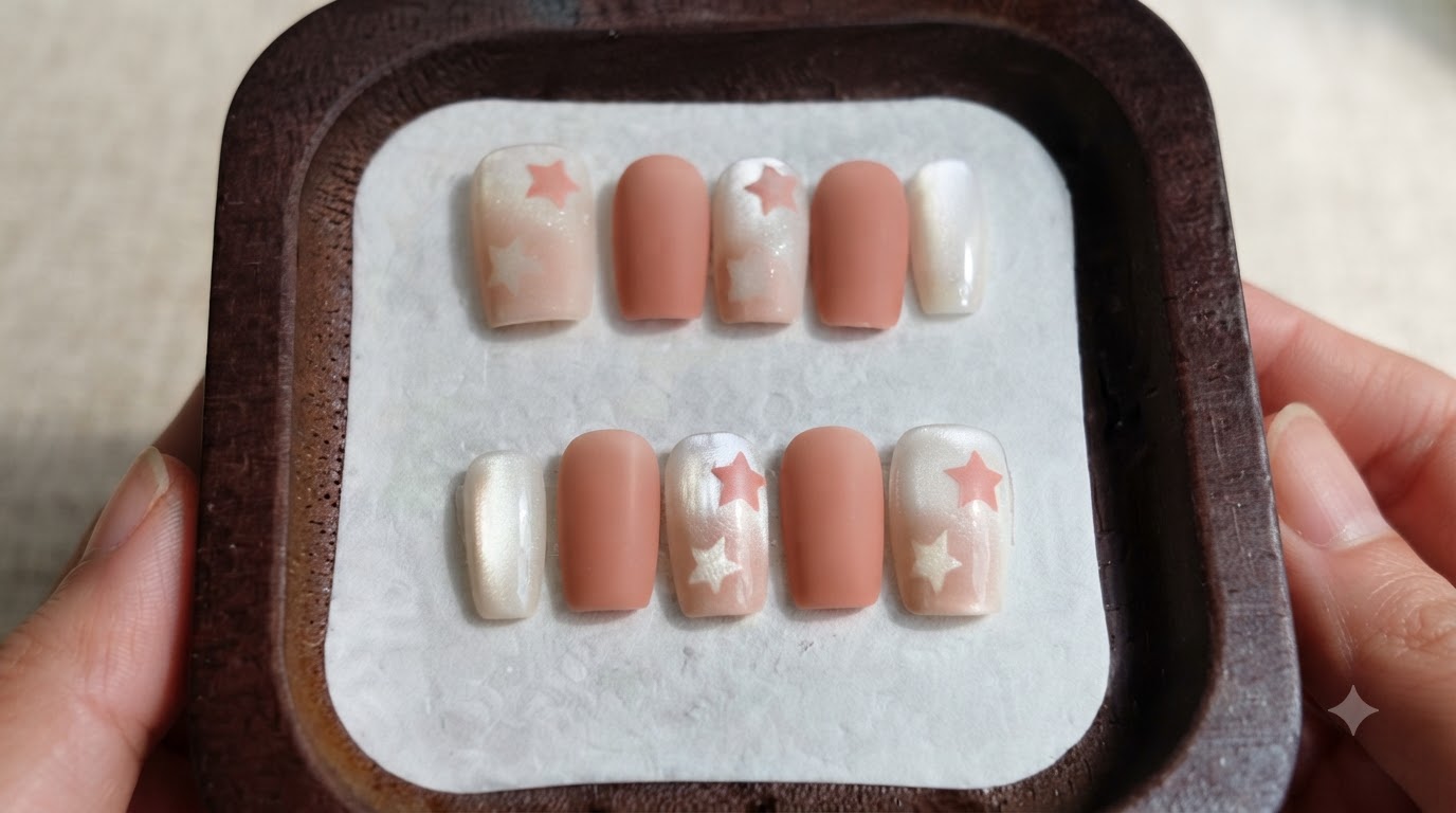 Ongles Press-On Pêche Mat et Ombré Cat-Eye Étoilés — Tutoriel Étape par Étape