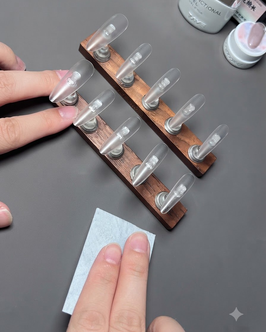Une main tenant une lingette non pelucheuse près dun support en bois maintenant des faux ongles transparents.