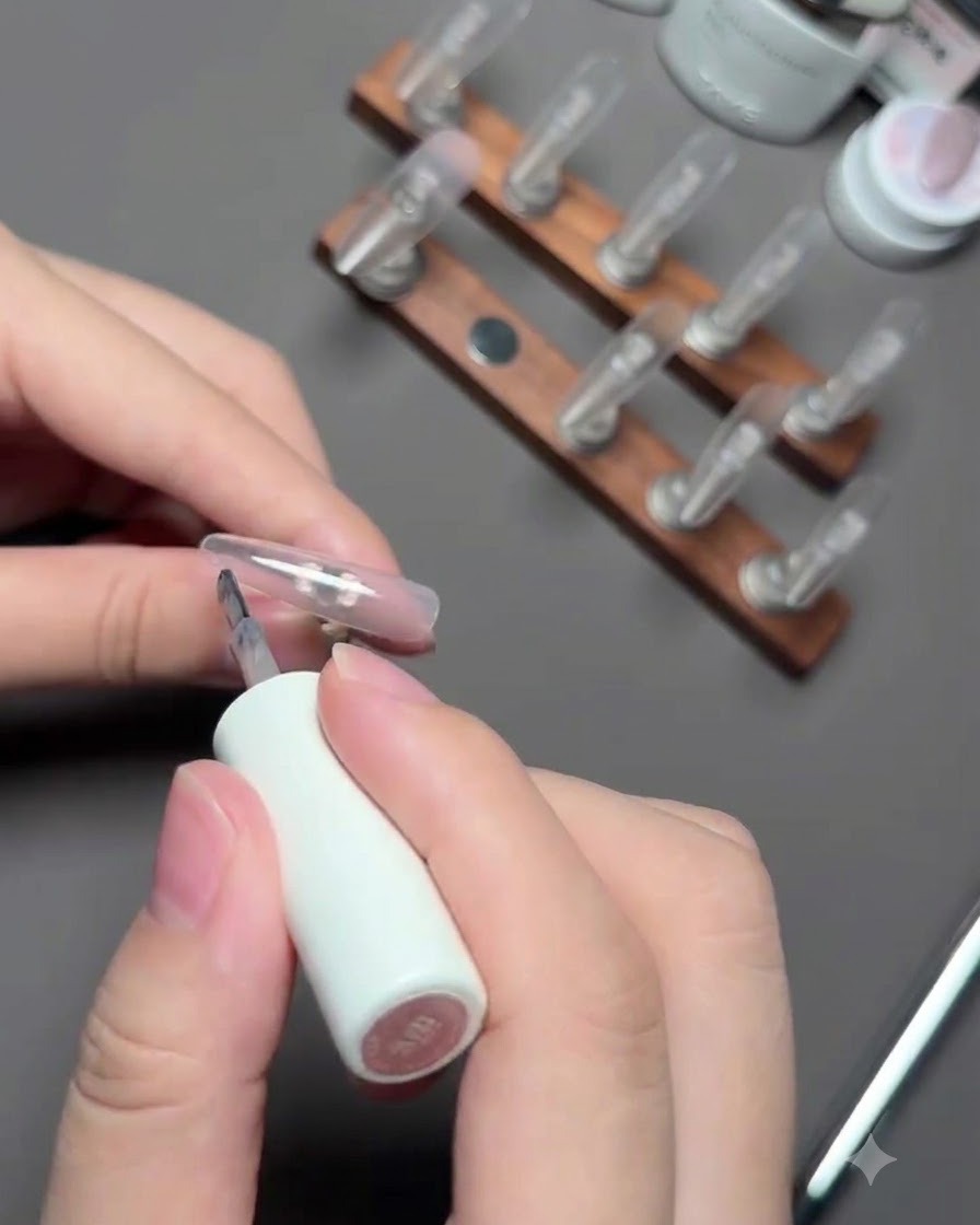 Un pinceau appliquant du gel de couleur nude sur longle de lindex placé sur le présentoir.
