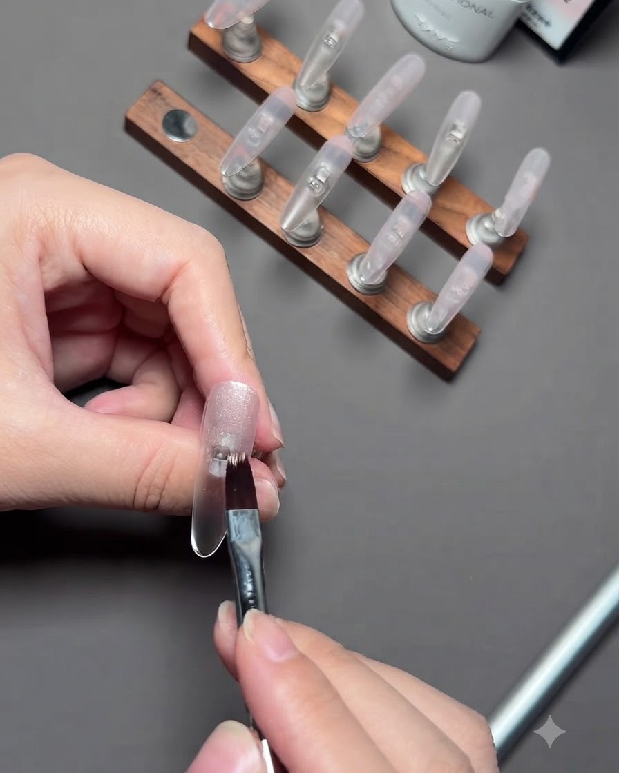 Un pinceau appliquant du gel cat eye argenté sur un ongle nude fixé sur un support en bois.