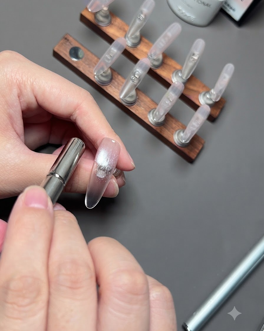 Un bâtonnet aimanté cylindrique tenu près dun ongle de pouce pour concentrer les reflets argentés cat eye.