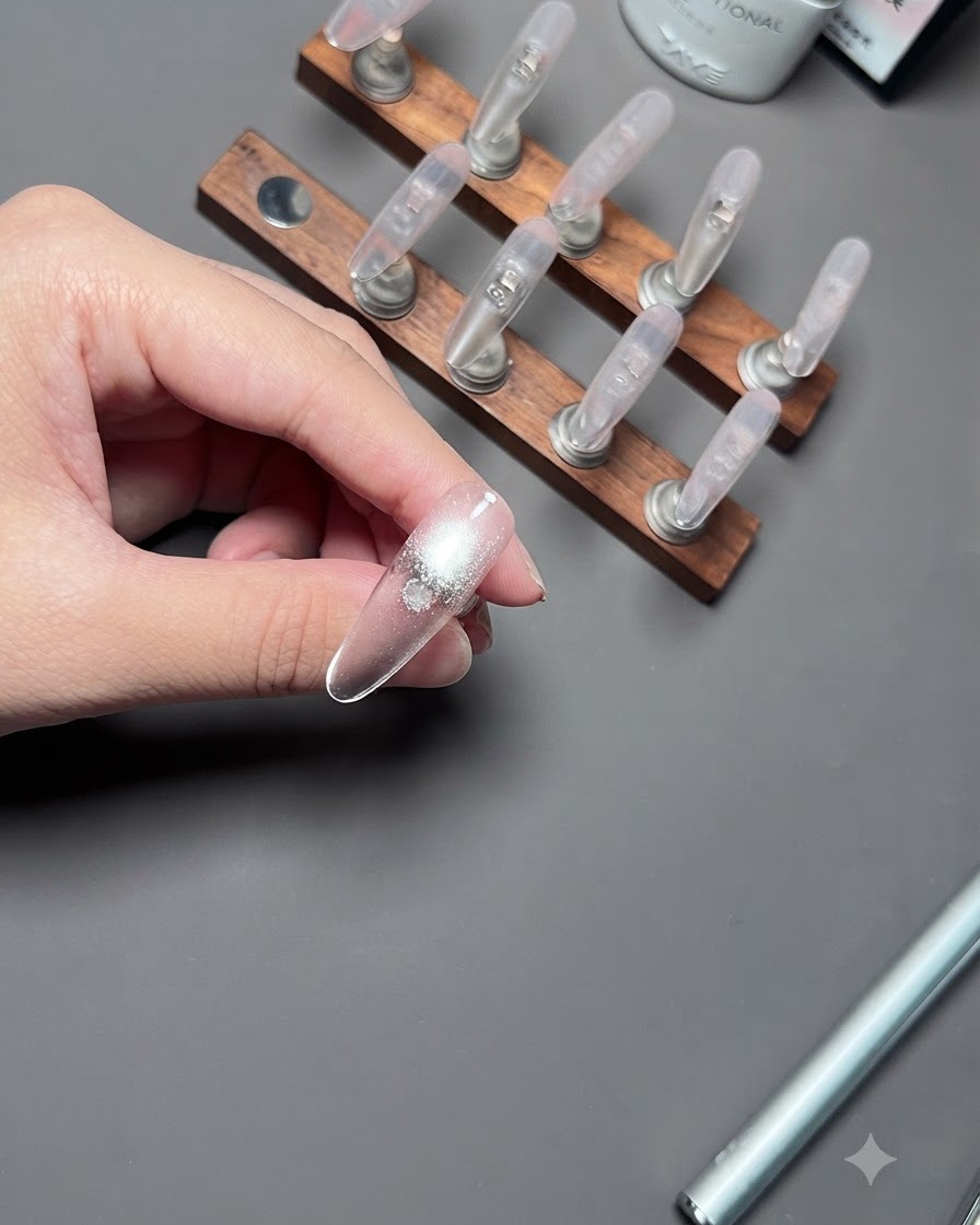 Une main présentant un ongle avec du gel cat eye argenté fraîchement appliqué sur une base nude.