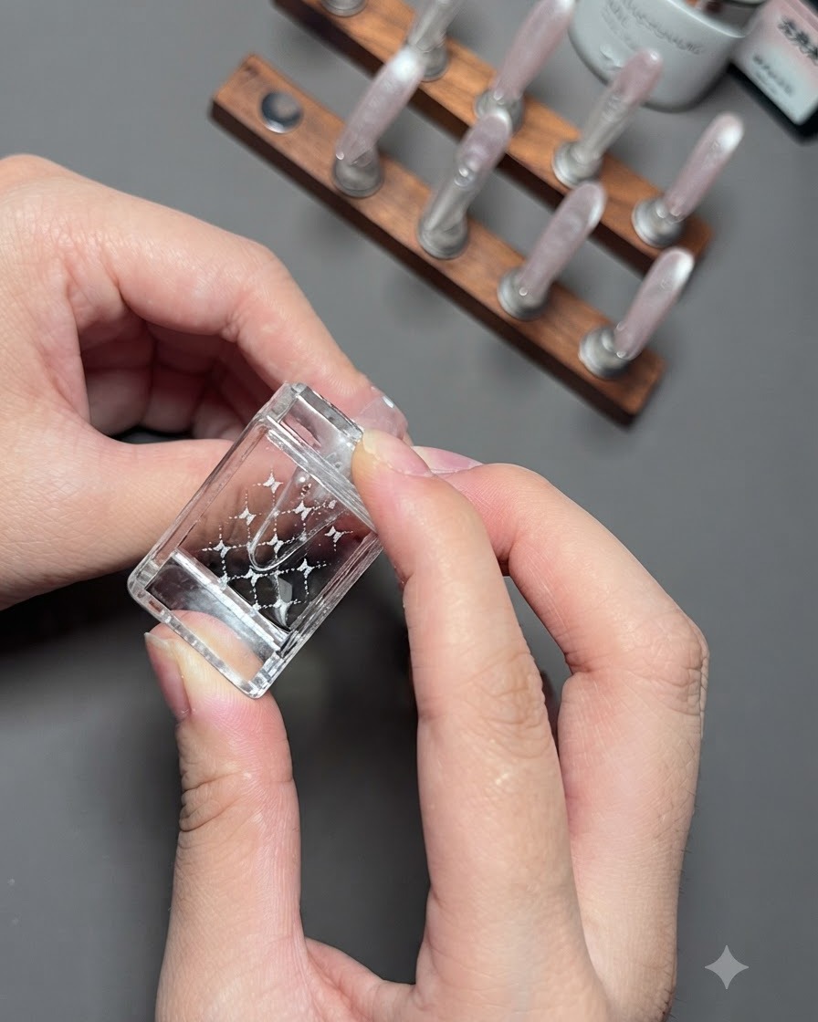 Gros plan de mains pressant un tampon gel transparent sur longle dun pouce pour transférer un design dongle écossais blanc.
