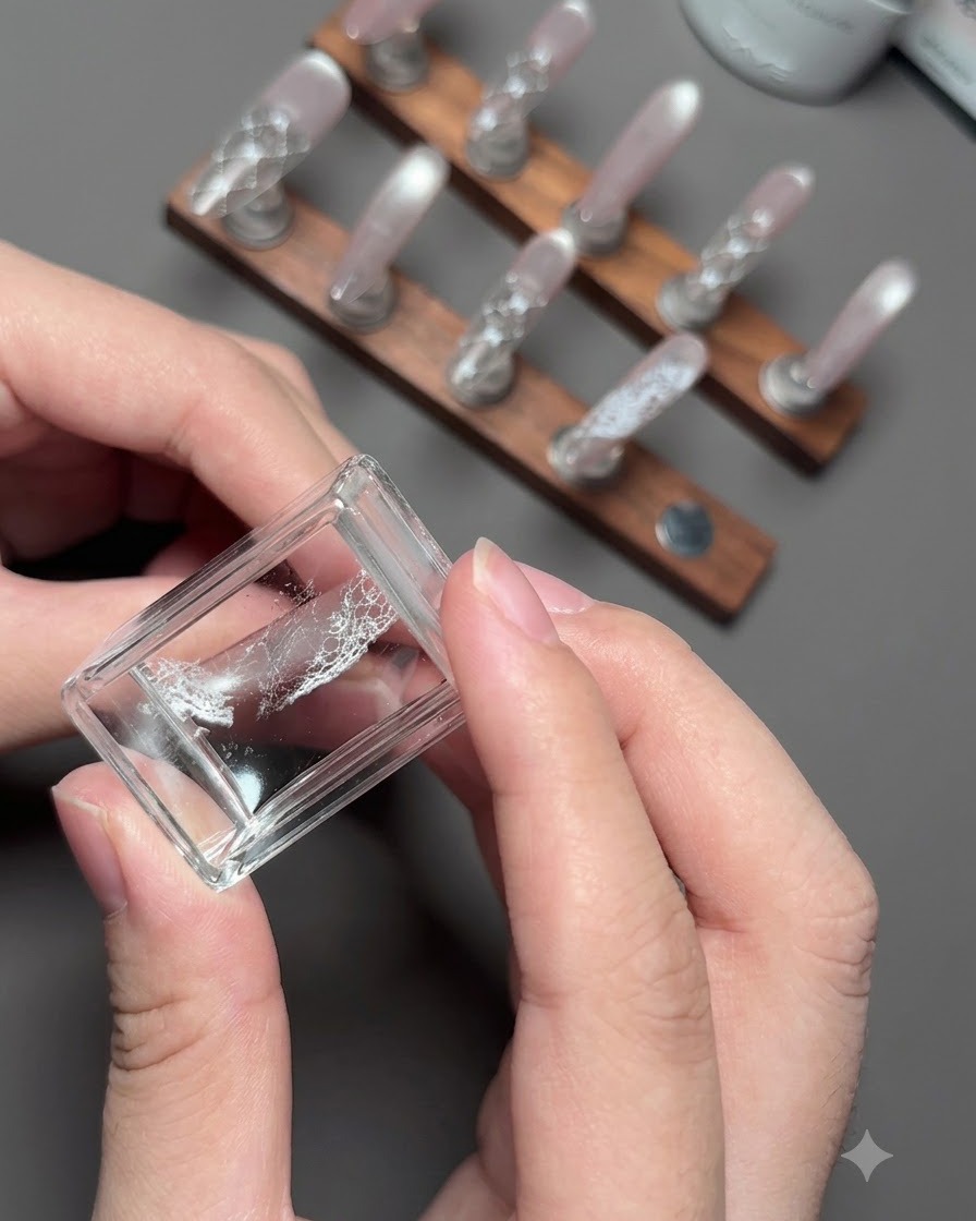 Vue rapprochée dun tampon à ongles transparent tenant un motif de dentelle blanche détaillé, avec un présentoir à ongles en arrière-plan.