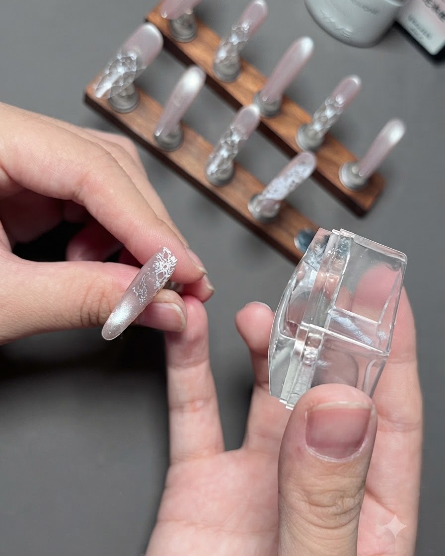 Une main transférant un motif délicat de dentelle blanche dun tampon transparent vers un ongle manucuré.