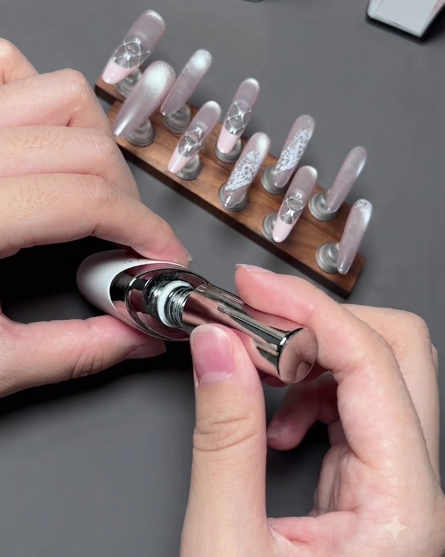 Un pinceau à ongle appliquant une couche brillante transparente de gel de renforcement sur un ongle décoré.