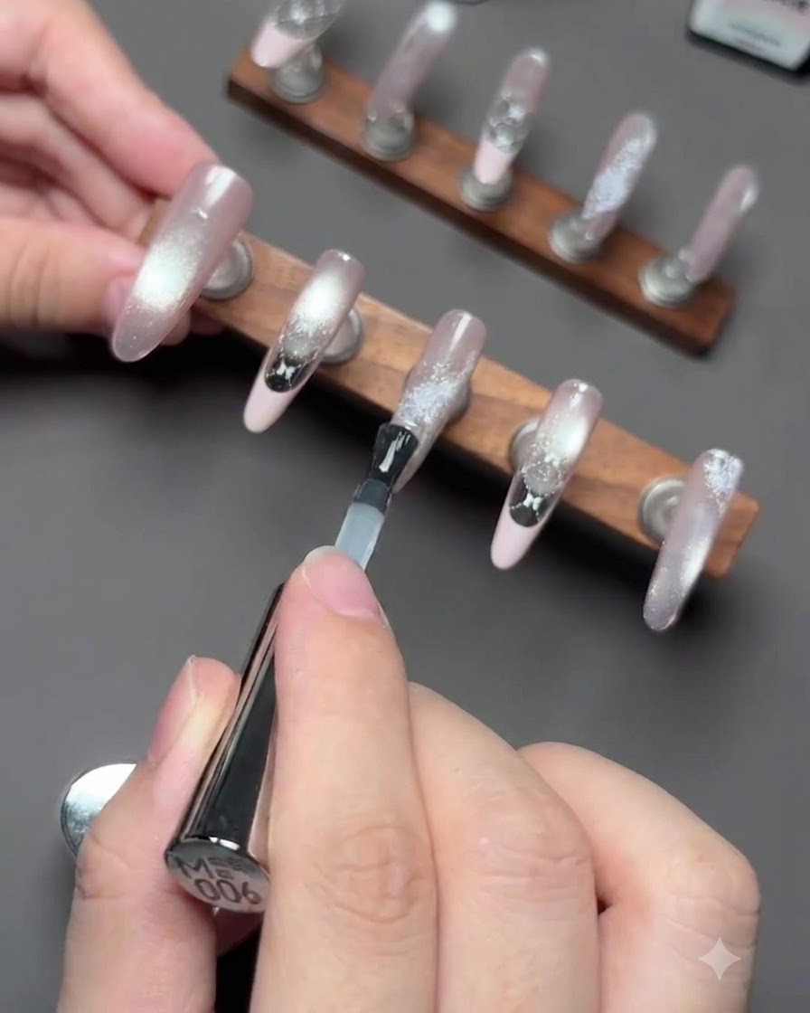 Ongles positionnés sous une lampe UV/LED pendant le processus de catalyse du gel de renforcement.