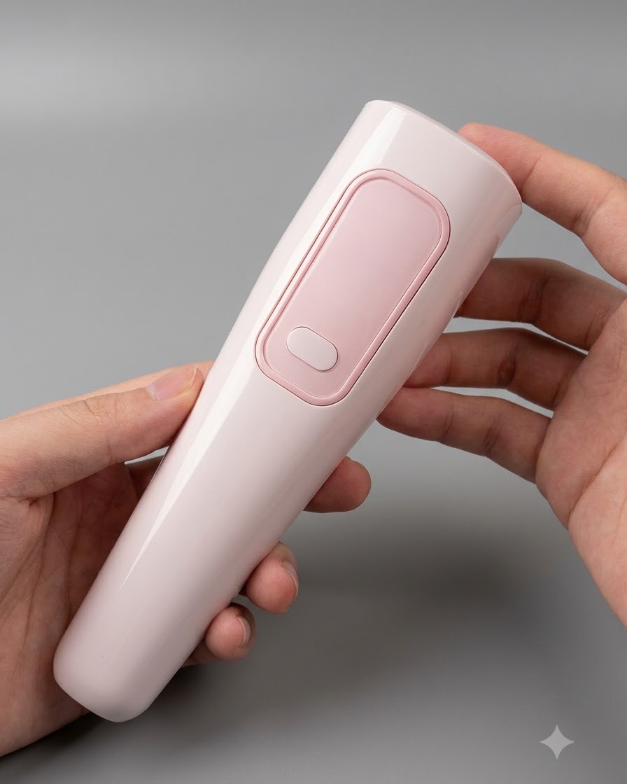 Une grande lampe UV/LED rose à main tenue au-dessus dun support dongles pour catalyser plusieurs ongles à la fois.