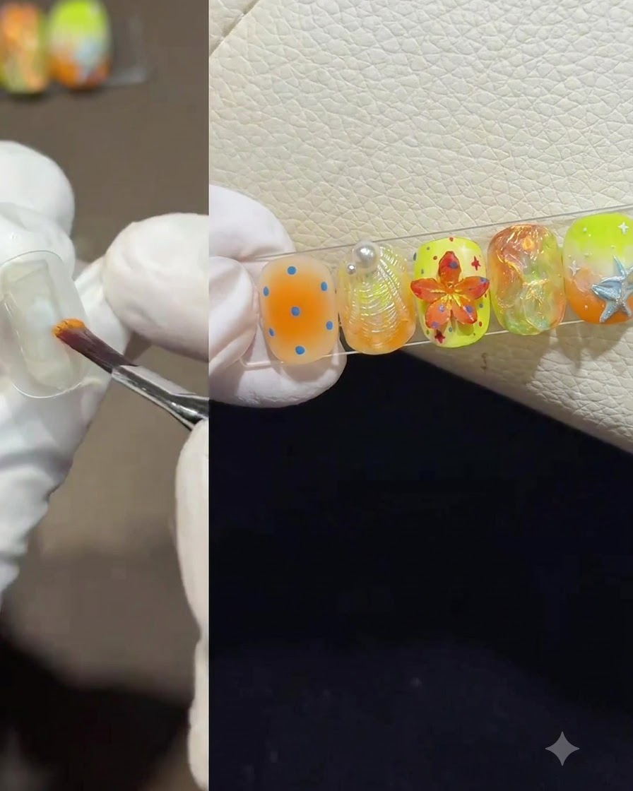 Une main gantée utilisant un pinceau pour appliquer une touche de vernis gel orange sur une capsule dongle transparente dentraînement.