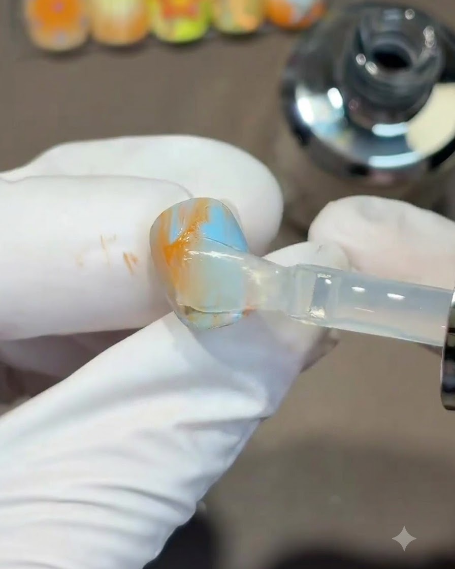 Un pinceau appliquant une couche transparente de top coat sur un ongle en gel aux teintes orange et bleu mélangées.