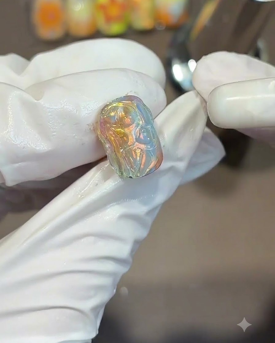 Une main gantée tenant entre ses doigts une capsule dongle irisée texturée.