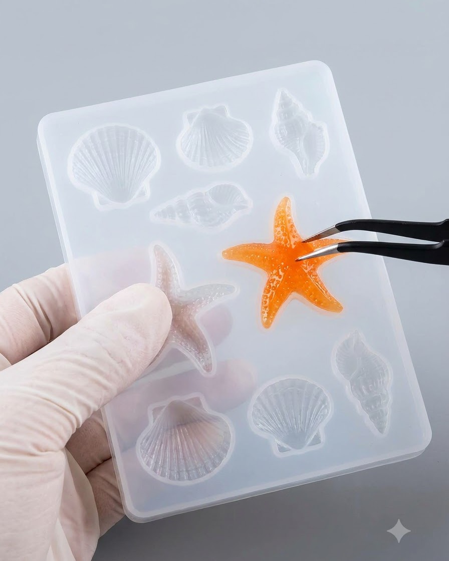 Une paire de pinces noires soulevant une pièce catalysée en forme détoile de mer ou de fleur orange hors dun plateau de moulage en silicone transparent.