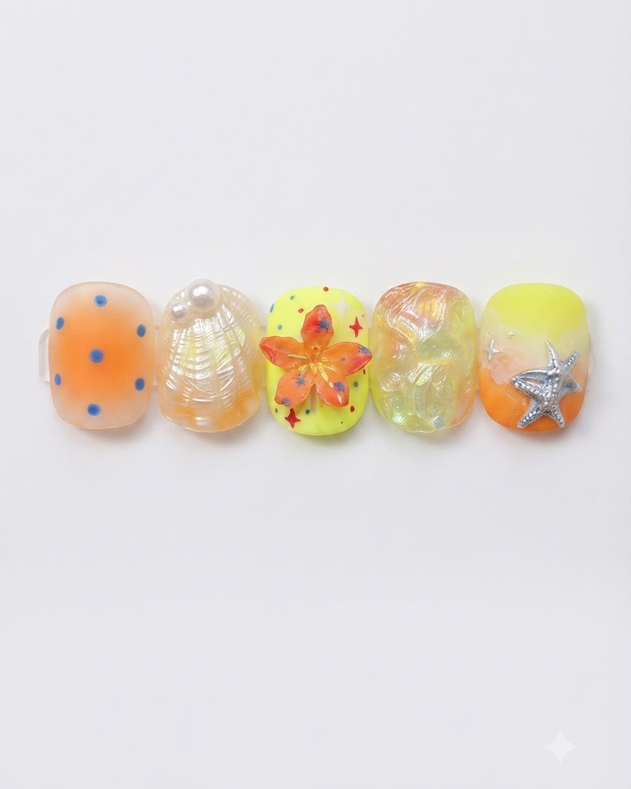 Une rangée de cinq faux ongles décorés présentant des points orange, une texture de coquillage, une base jaune avec une fleur orange 3D, une texture abstraite irisée et un dégradé jaune avec une étoile de mer 3D.