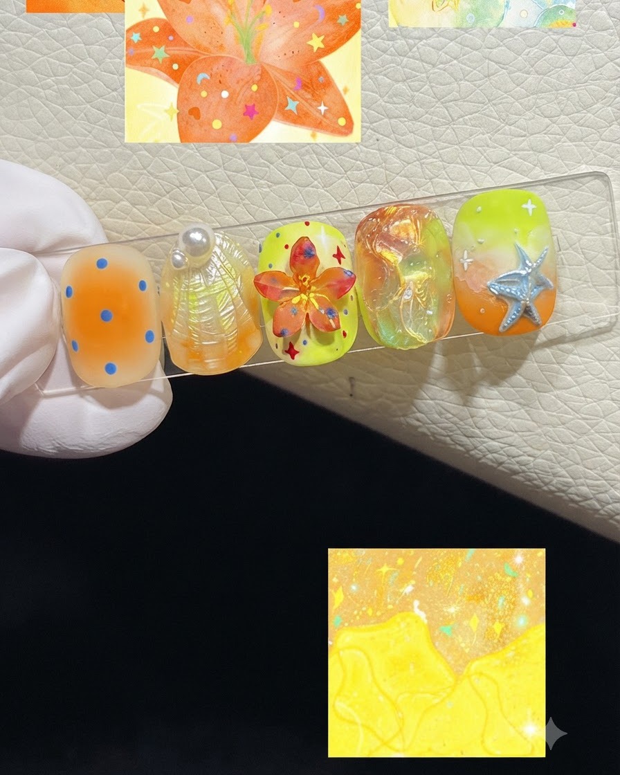 Un présentoir à ongles avec cinq ongles décorés, comportant des panneaux dillustration encastrés au-dessus et au-dessous du présentoir.