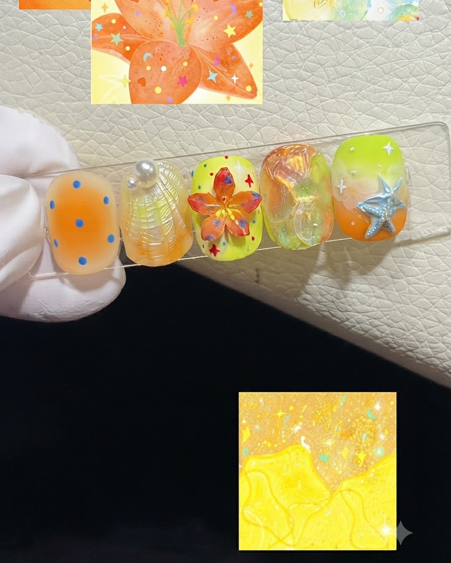 Vue rapprochée dun pinceau fin ajoutant des touches détamines jaunes au centre dune pièce de nail art en forme de fleur orange 3D.
