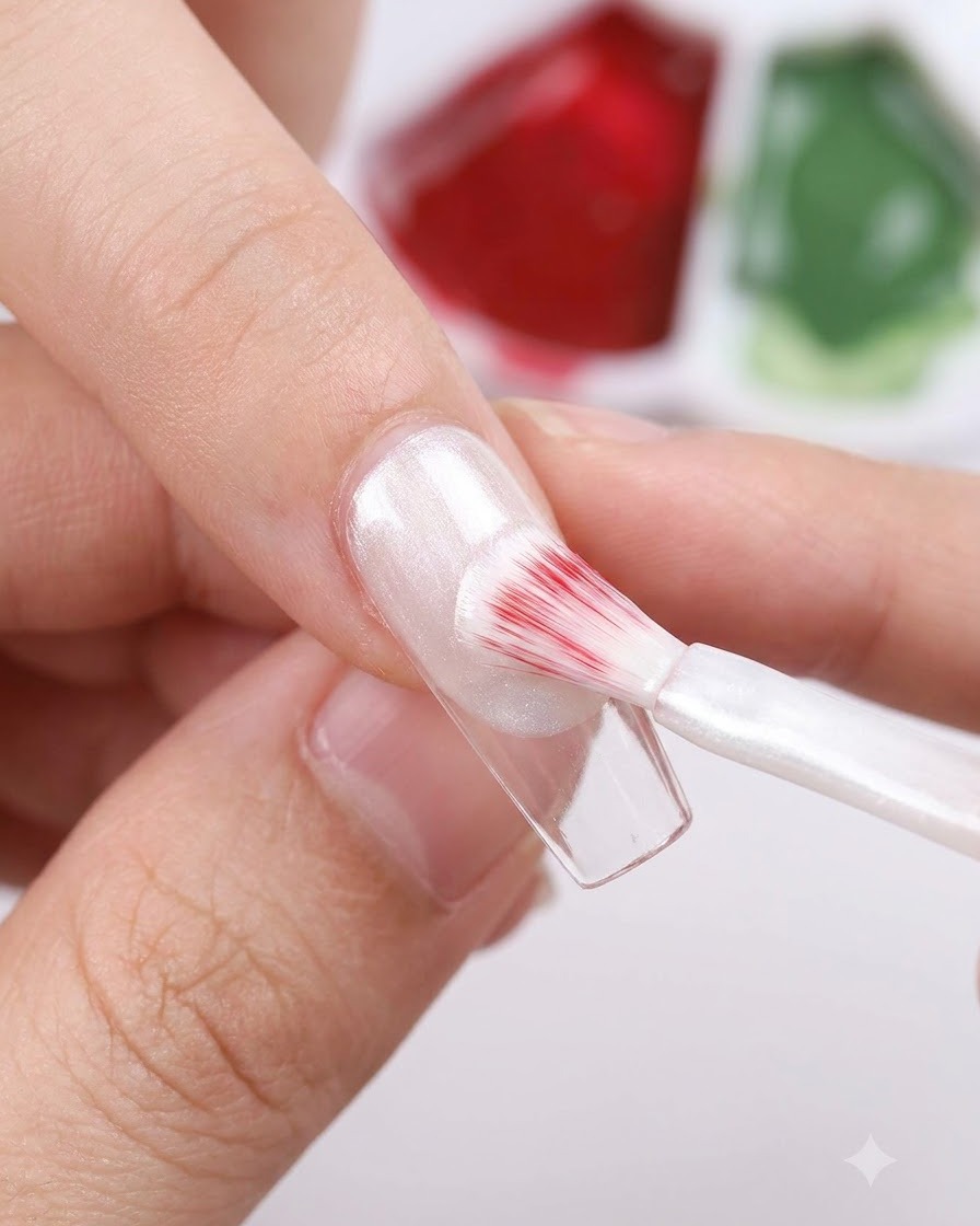 Une main utilisant un pinceau plat pour appliquer un gel blanc nacré scintillant sur une capsule transparente.