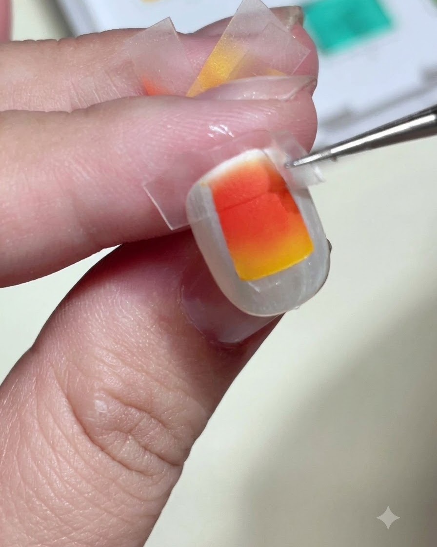 Des pinces retirant délicatement le ruban adhésif dun ongle pour révéler un carré parfait dégradé orange et jaune.