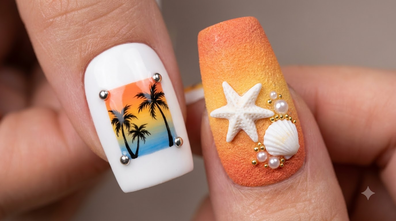 Nail Art Vacances Coucher de Soleil et Coquillages 3D — Tutoriel Étape par Étape