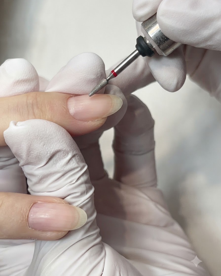 Une ponceuse électrique équipée dun fin embout conique en diamant nettoyant délicatement la zone des cuticules dun ongle naturel.