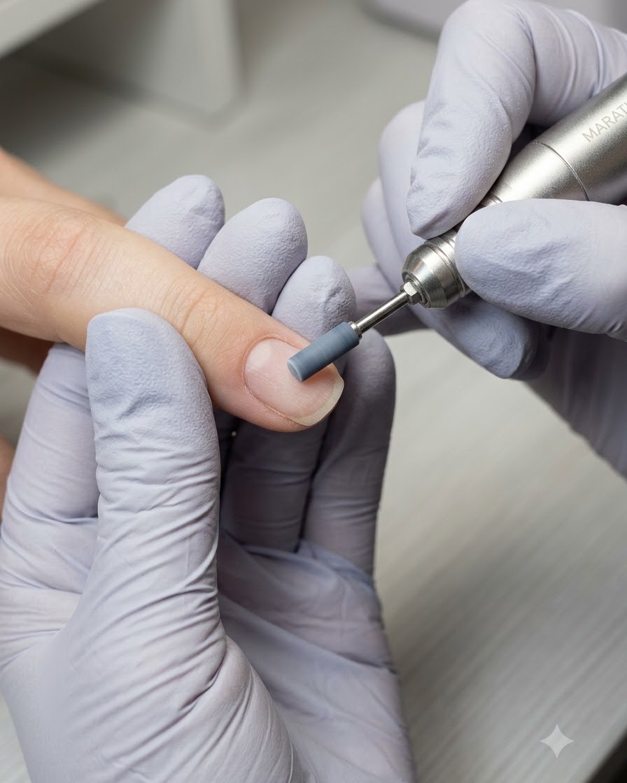 Une ponceuse électrique avec un embout émeri polissant doucement la surface dun ongle naturel préparé.