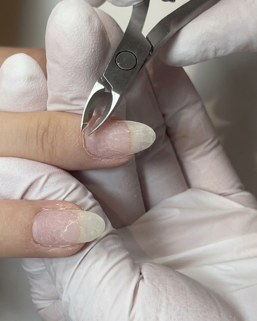 Une pince à envies en métal coupant avec soin lexcès de peau autour du repli de longle dun doigt préparé.