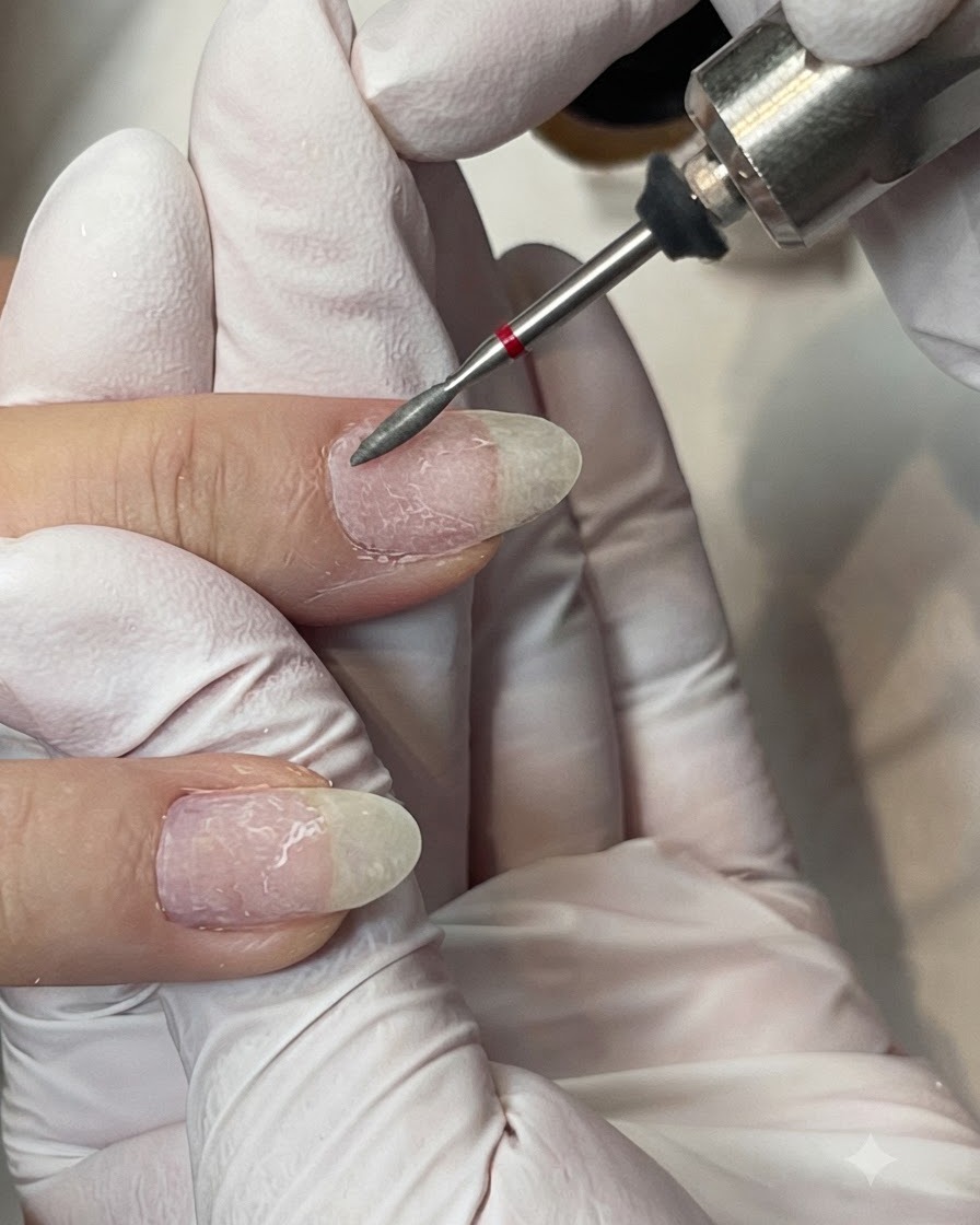 Une main gantée utilisant un fin embout flamme pour affiner les bords dun ongle naturel.