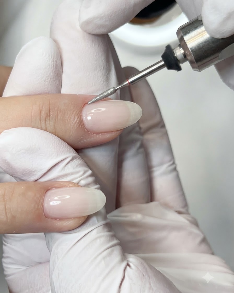 Une brosse douce dépoussiérant les résidus de limage des ongles préparés.