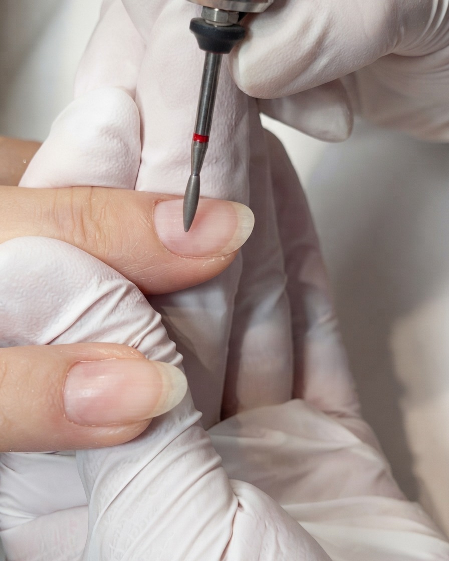 Une ponceuse électrique avec un embout fin lissant la paroi latérale dun ongle naturel préparé.