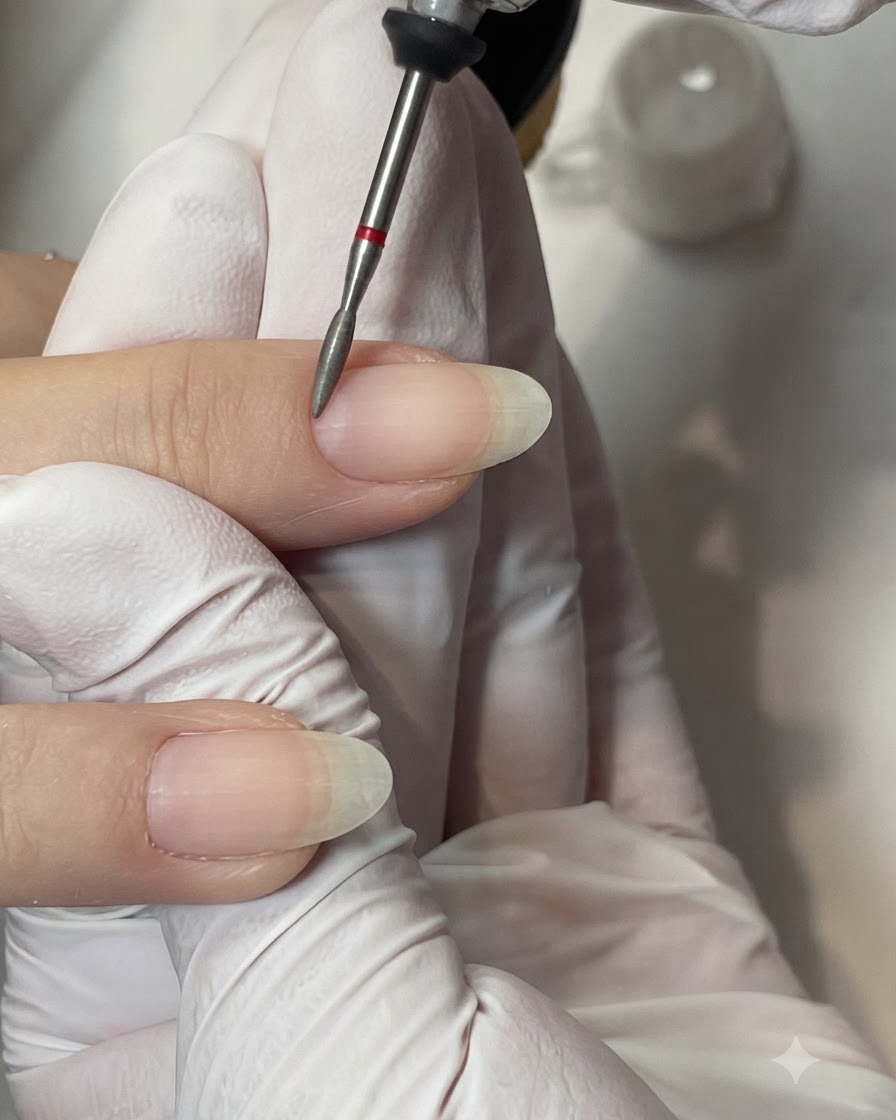 Gros plan dun ongle naturel propre, prêt pour lapplication du gel après un dernier dépoussiérage.