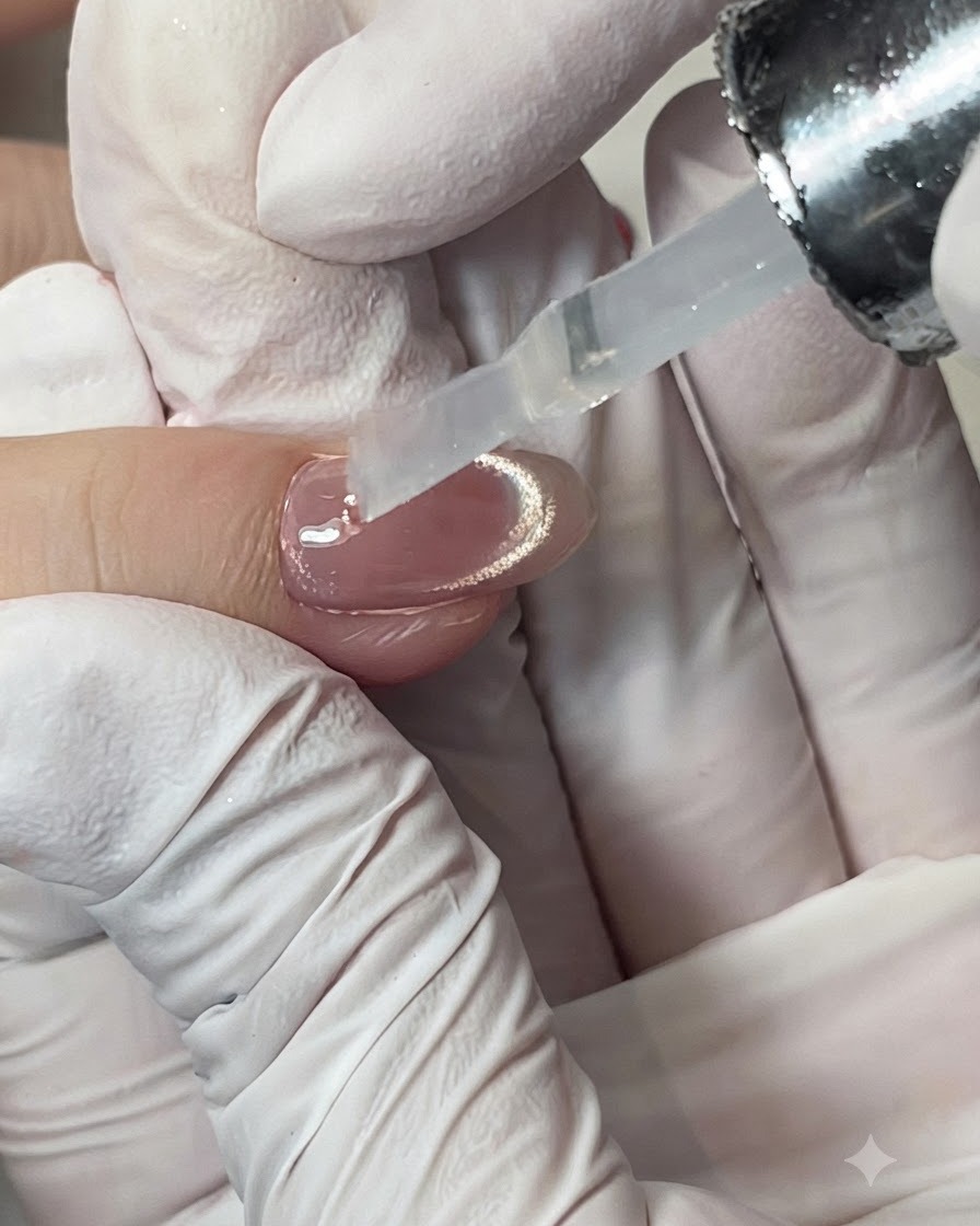 Une main gantée tenant un pinceau applicateur au-dessus dun flacon de blooming gel rose pêche.