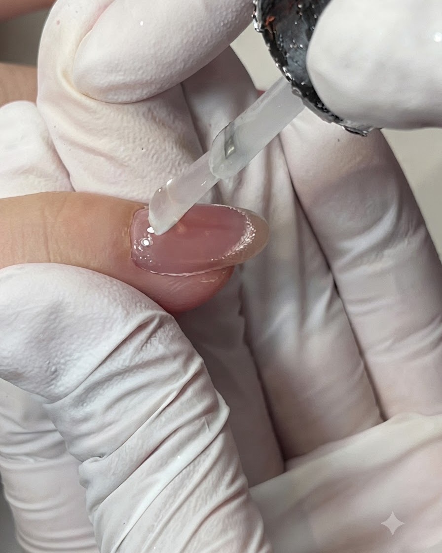 Une main gantée tapotant du vernis sur une éponge applicatrice.