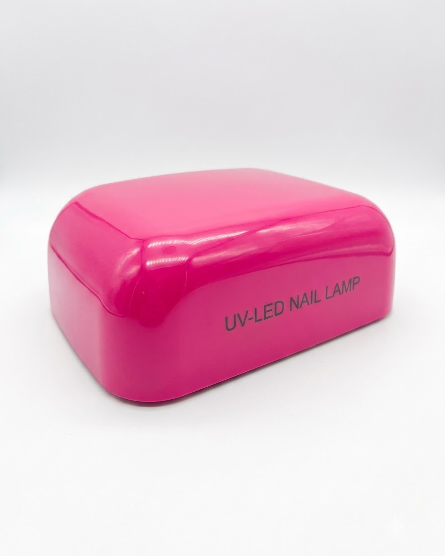 Une lampe à ongles UV-LED rose utilisée pour catalyser les couches de vernis gel lors dun tutoriel de manucure.